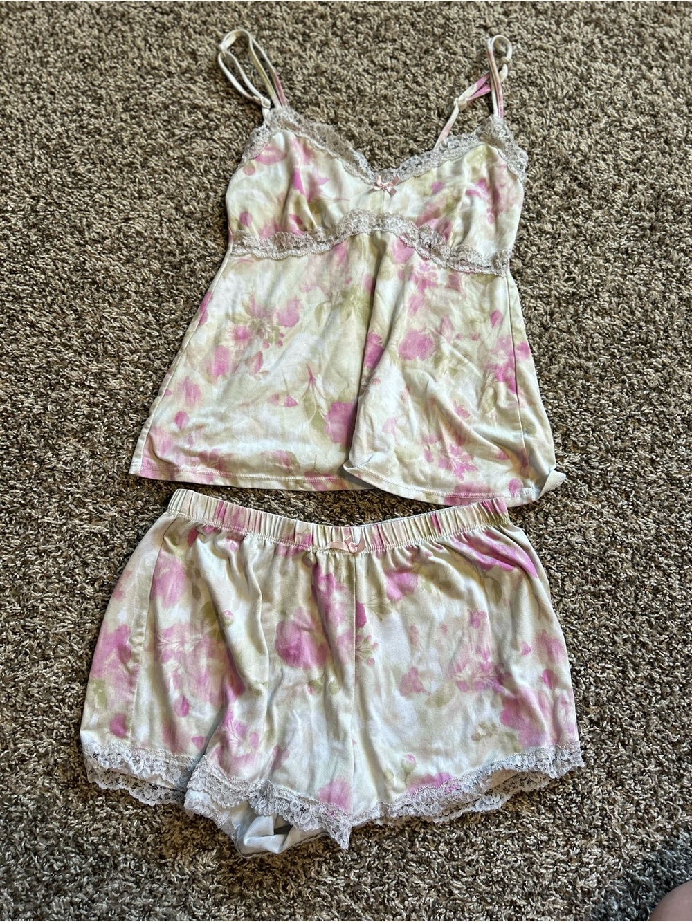 Laura Ashley Pink & Cream Floral Lace Trim Cami and Shorts Set
